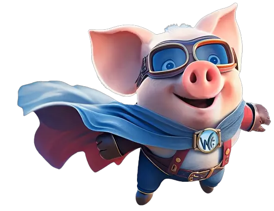 Fröhliches Superhelden-Schwein „Wonderwutz“ mit Cape und Fliegerbrille fliegt durch den Himmel – Maskottchen und Imagefigur für Beratung der w:finanzberatung. Bild erstellt von Markenei Design Baur – Viola Baur