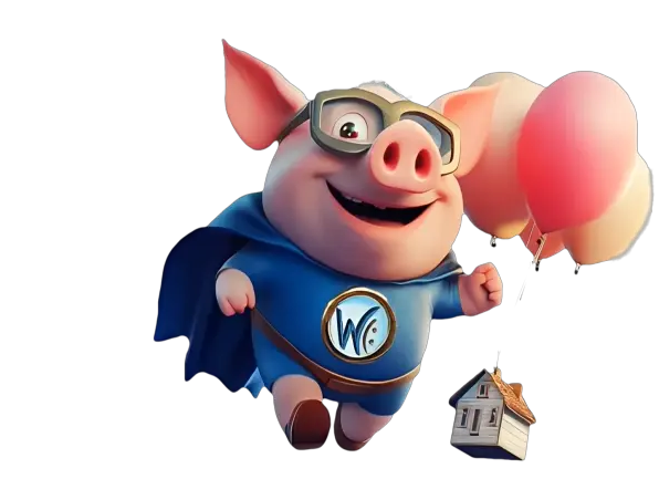 Wonderwutz Heinrich für deine Immobilien Finanzierung Fröhliches Superhelden-Schwein „Wonderwutz Hugo für Immobilien Finanzierung“ mit Cape und Fliegerbrille fliegt durch den Himmel mit einem Haus das an Luftballone hängt – Maskottchen und Imagefigur von w:finanzberatung. Für deine Immobilien, deine Absicherung, Versicherungen, Finanzierungen, Backoffice. Bild erstellt von Markenei Design Baur – Viola Baur